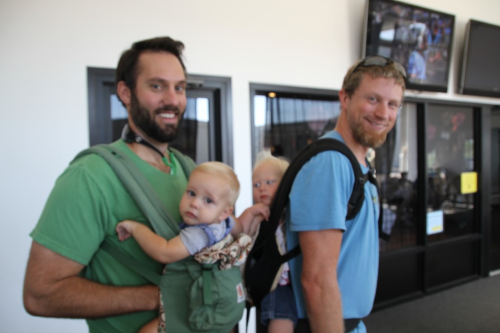 My sister Kaitlyn's husband Joel and son with my Eric and Ruthie.  Note, they both are wearing their babies in ergos.   Thankful for my wonderful husband who let me skydive!  He's the best. 